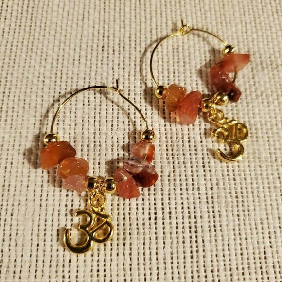 Gemstone Yoga Om Mantra Hoop Earrings 14K Gold Plated Red Agate - Picture 4 of 6